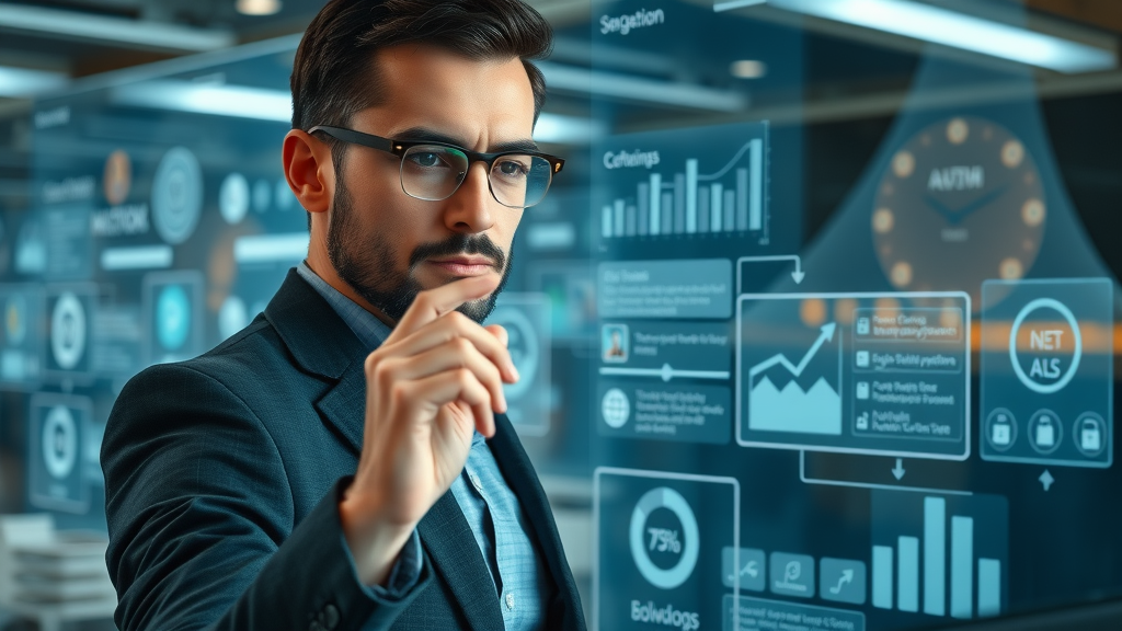 Digital marketer using marketing dashboard with glowing data streams and analytics graphs from integrated marketing tools
