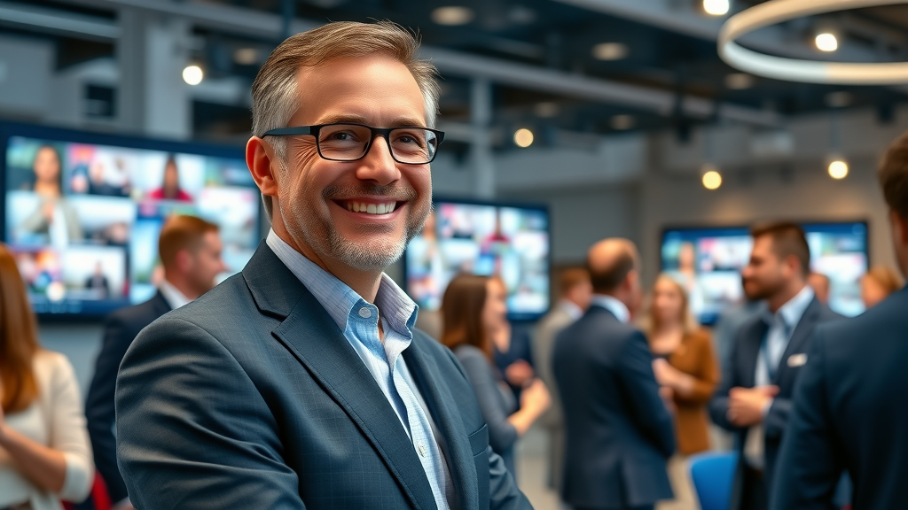 Business professional networking at digital event for business media site benefits
