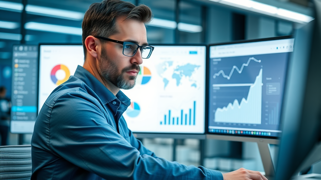 professional business analyst studying Google Analytics dashboard, data-driven blogging tools for entrepreneurs