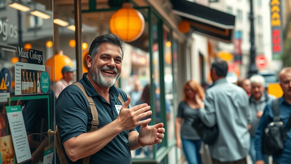 SEO for small businesses - vibrant small business storefront with owner engaging customers, urban foot traffic, and digital search graphics