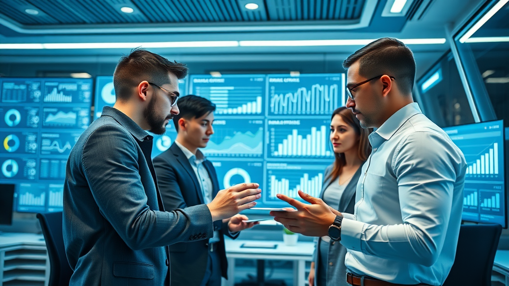 small business marketing team analyzing metrics for local marketing strategies, digital dashboard, reviewing performance, futuristic workspace, highly detailed, brainstorming, blue and white tones