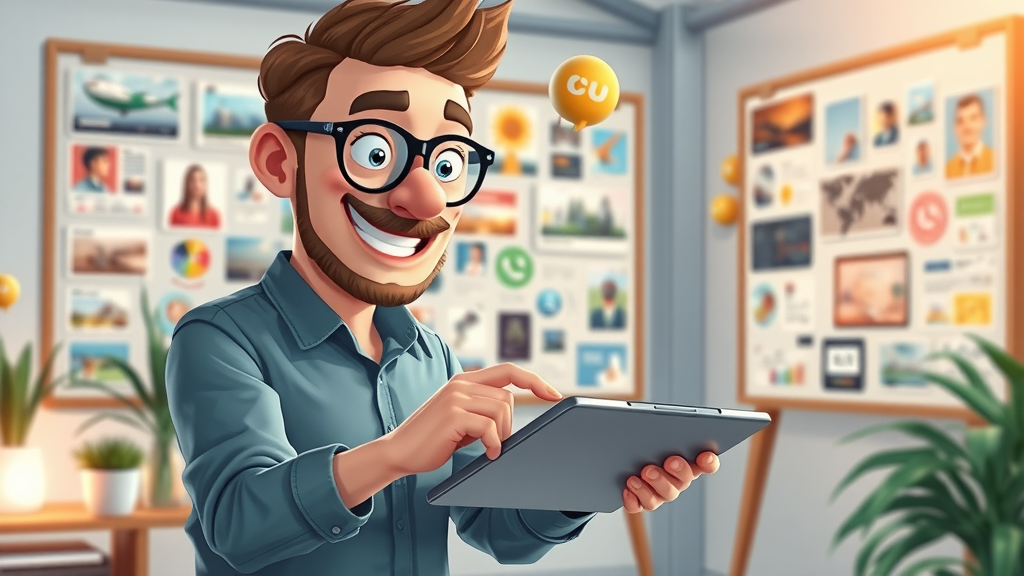 Creative marketer developing visual storytelling for customer engagement via media sites, surrounded by engaging images, videos, and story ideas.