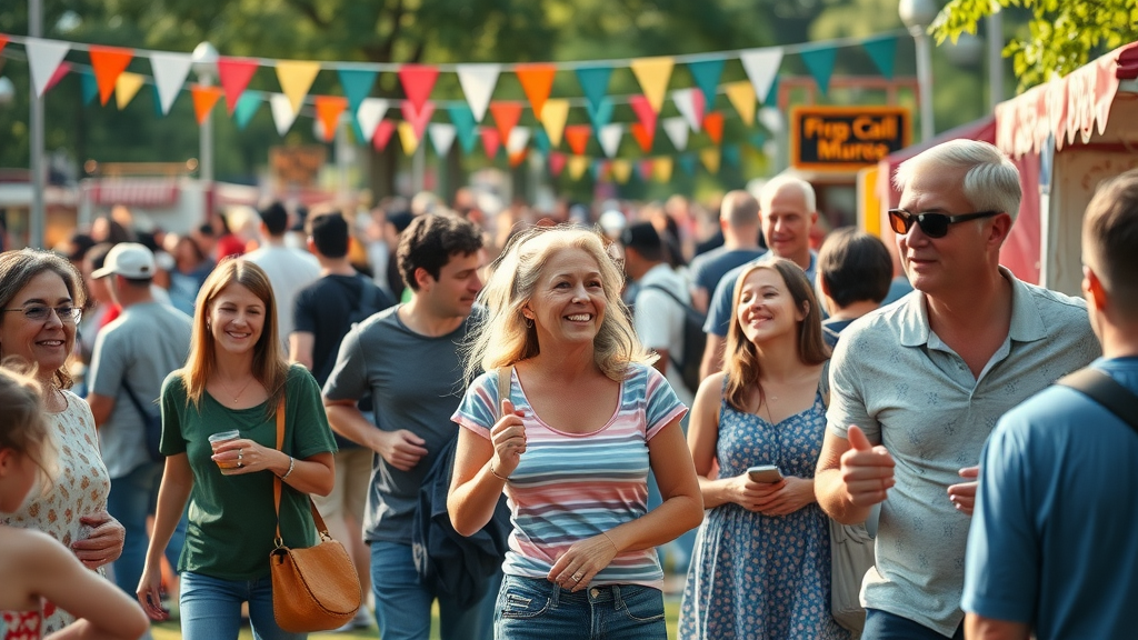 vibrant community event, local businesses hosting booths, families and laughter, local marketing strategies, socializing, outdoor activities, festive park, detailed and joyous crowd