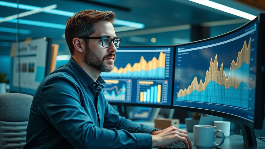 Attentive business blogger reviewing SEO analytics for small business blogging success.