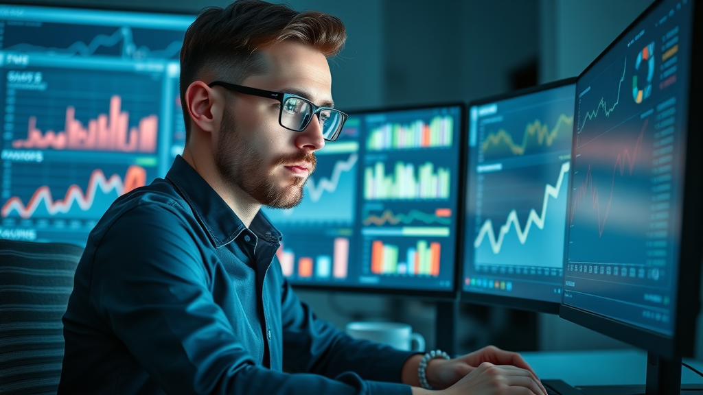 marketer analyzing social media metrics for blog promotion on dual screens