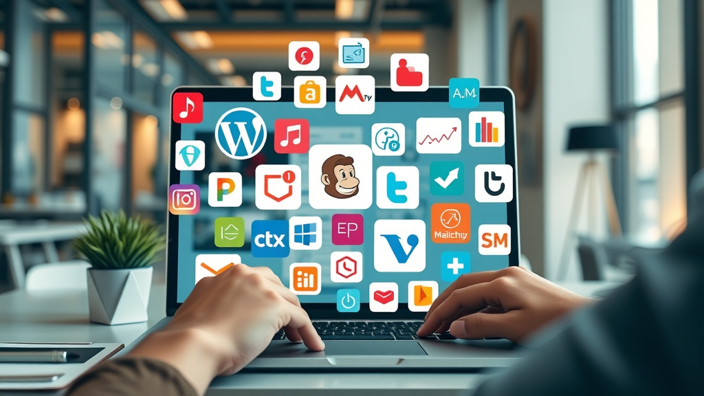 creative digital collage, icons representing popular blogging tools like WordPress, Canva, Mailchimp, Trello, Google Analytics, SEMrush overlaying a laptop, blogging tools for entrepreneurs