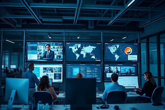 strategic omnichannel integration, collaborative, connecting various platforms, photorealistic, modern business office environment with multiple screens and diverse team, highly detailed, digital animations, clear resolution, cool tones, ambient lighting, shot with a 50mm lens.