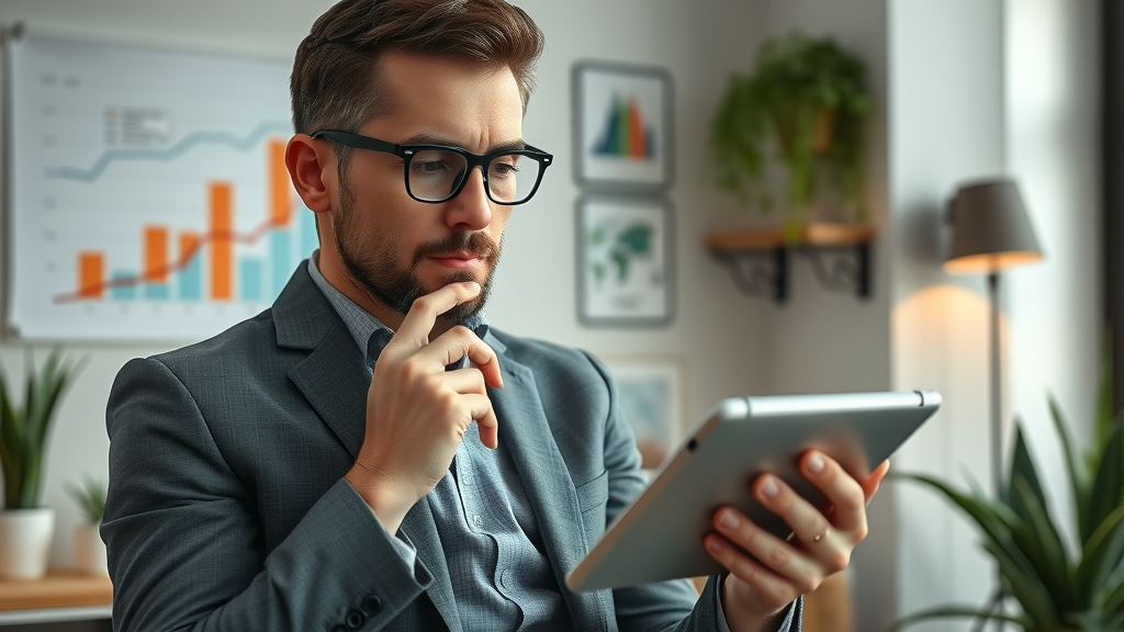 Professional entrepreneur reviewing content marketing for small businesses growth data on a tablet