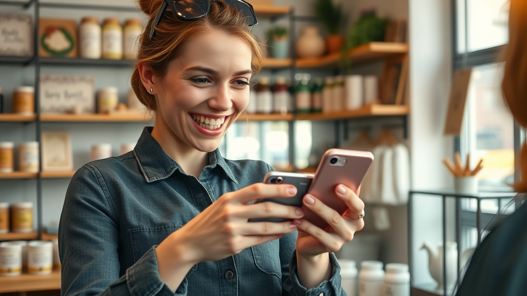 social media marketing local happy business owner posting on social media in cozy shop