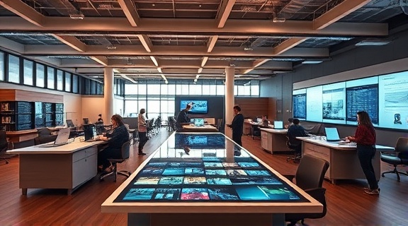 dynamic omnichannel integration, synchronized, managing diverse digital solutions, photorealistic, open-plan office with touchscreen tables and group discussions, highly detailed, interactive workstations, pristine details, earthy tones, studio lighting, shot with a zoom lens.