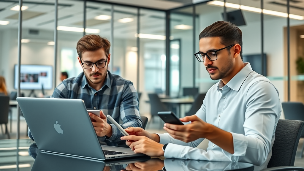 Professionals using laptops and smartphones in a digital workspace, engaging customers via virtual channels, digital customer engagement