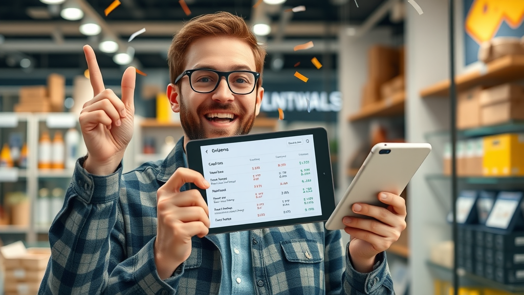 Small business owner celebrating online order notifications, illustrating digital marketing success with a digital sales stats tablet
