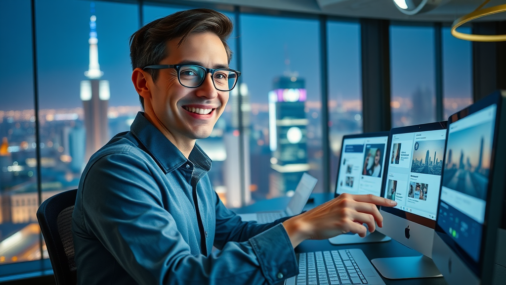 efficient digital marketing specialist programming automated post schedules on a futuristic timeline interface