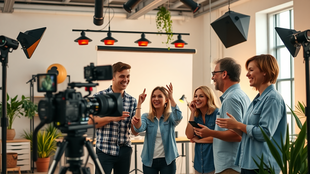 Marketing team filming local marketing promotional video for small business
