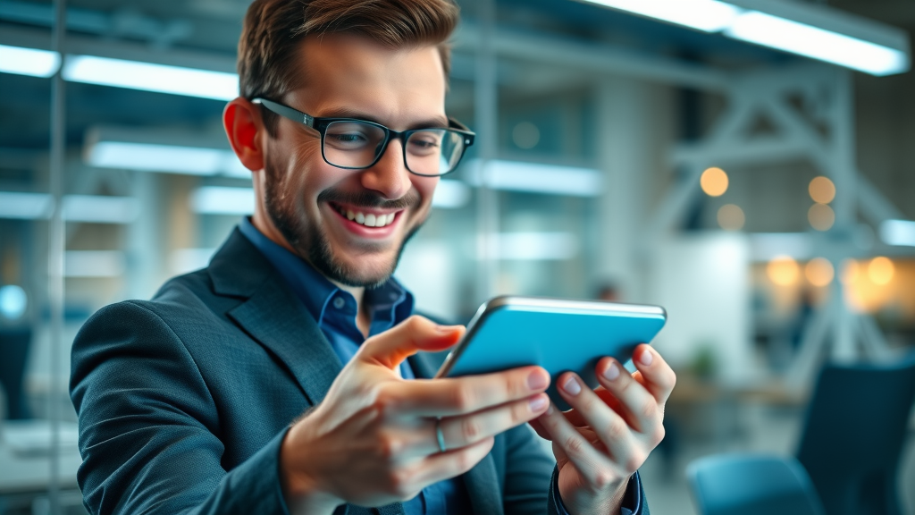 Business manager reviewing fast-loading website for mobile SEO optimization and local ranking