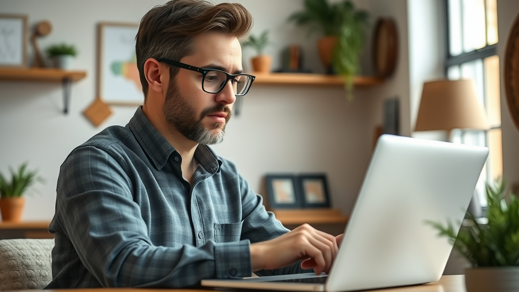 thoughtful small business owner analyzing digital marketing strategy on laptop, local marketing strategies, cozy office, community decor, focused, natural window light, high fidelity