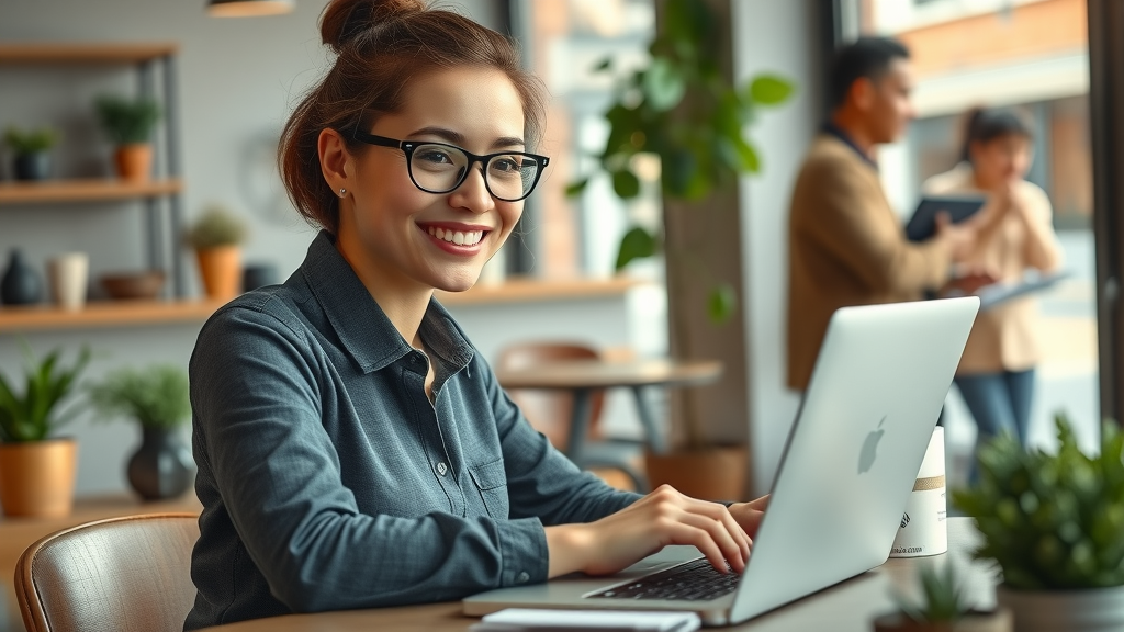 Energetic small business owner blogging in a cozy cafe office, confidently typing a blog post.