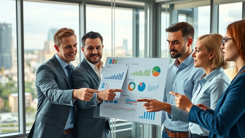 digital marketing strategies business team collaborating around digital dashboards in a modern office, open-plan cityscape