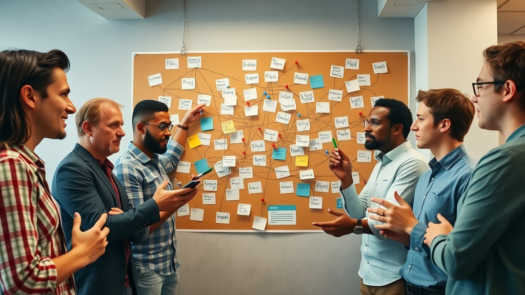 Diverse marketing team brainstorming local keyword research and mapping strategies on a wall map