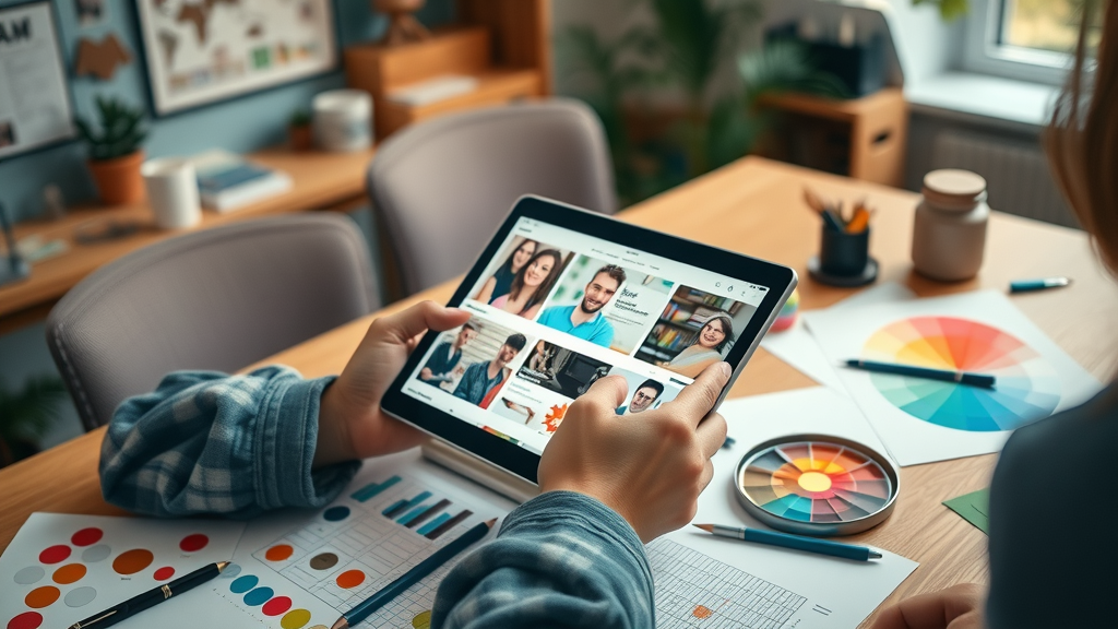 creative marketer designing eye-catching media graphics on a tablet, social media content creation