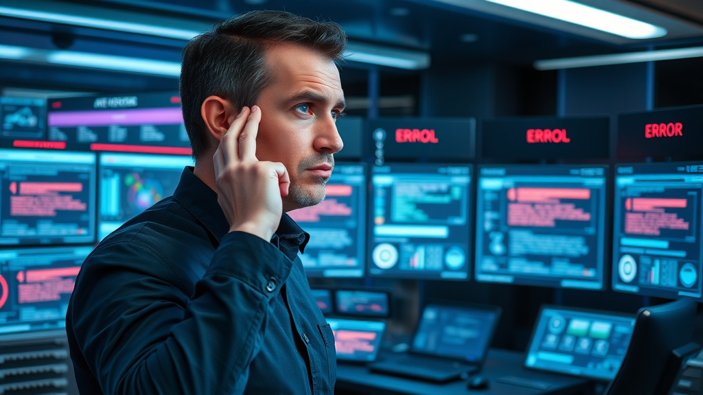 Professional handling human oversight in AI system dashboards, showing stress and complexity