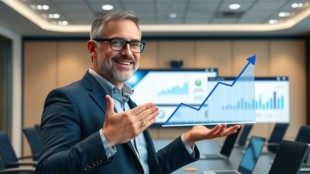 saas business leader showing growth from content hub strategy, analytics chart in boardroom