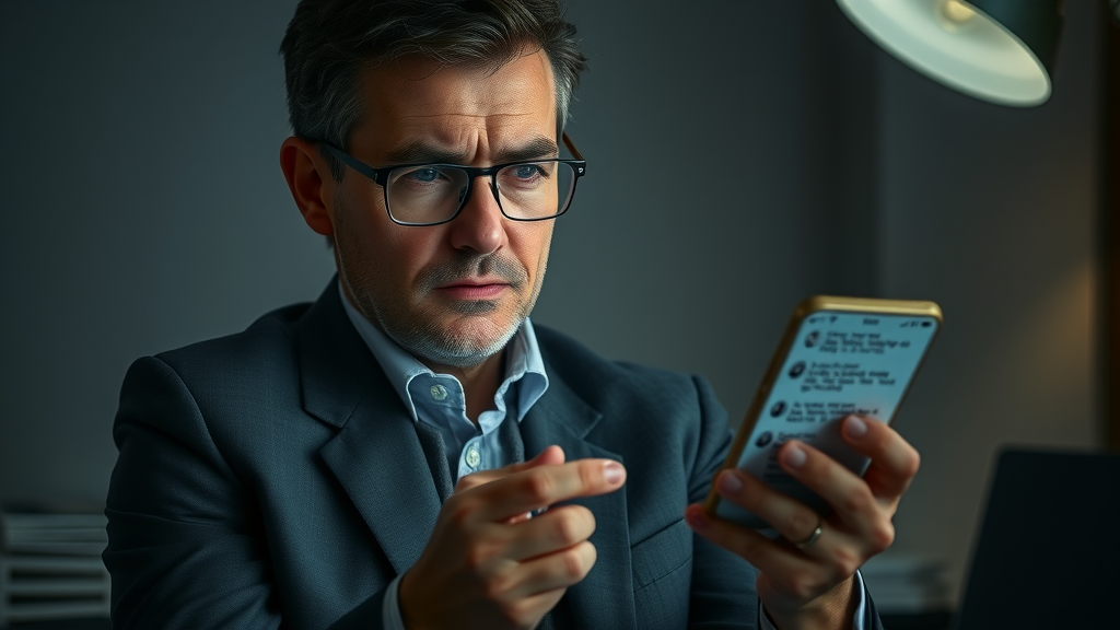 Concerned business person reading negative feedback, reflecting on customer engagement via media sites in a dimly-lit workspace.