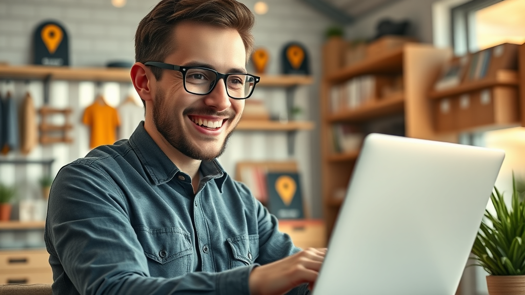 Cheerful entrepreneur analyzing surge in website visitors, representing enhanced online presence and digital marketing benefits for small businesses