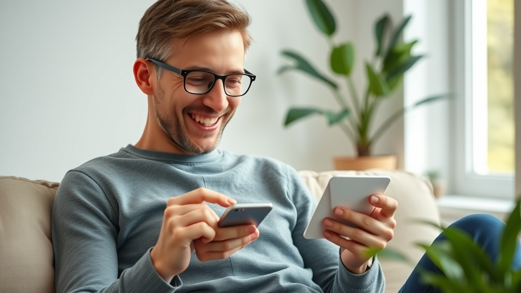 Happy returning customer reading personalized email, fostering loyalty and benefits of email marketing