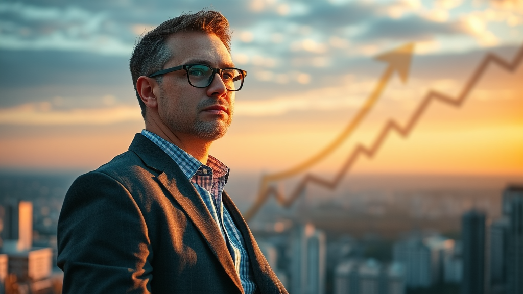 confident small business owner planning growth, local marketing strategies, cityscape and upward graph overlay, gold and blue sunrise composition, motivational, detailed