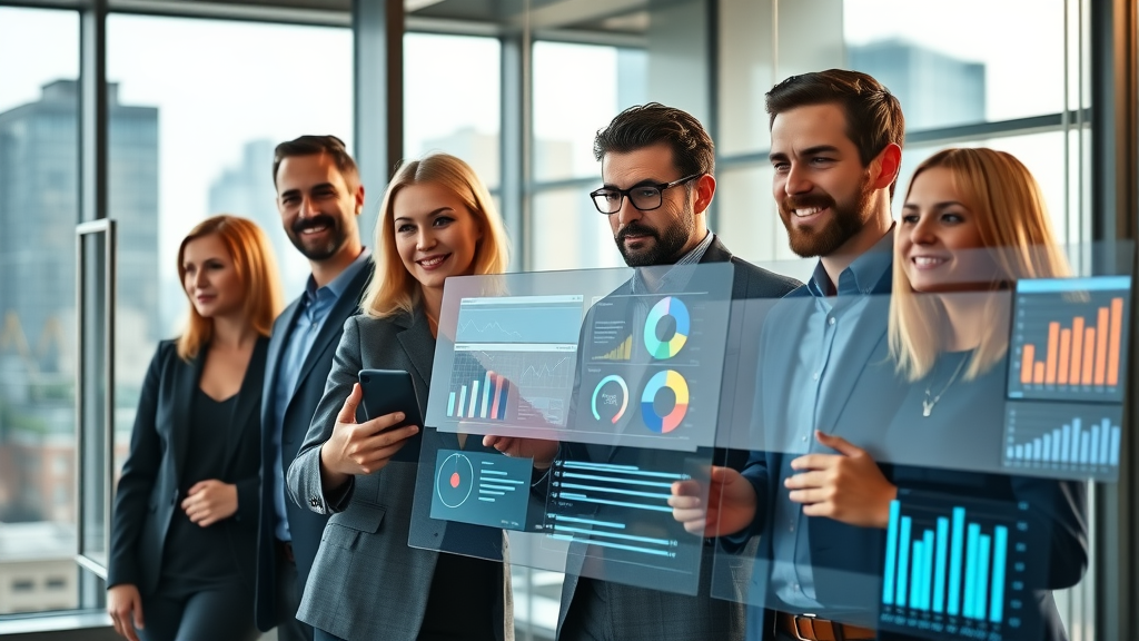 Confident business team analyzing digital data on business media site, brand growth insights