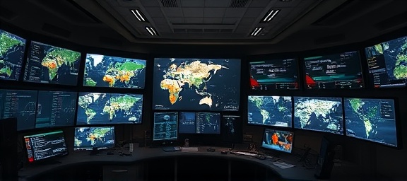 strategic flexibility strategy, visionary, navigating complex scenarios, photorealistic, high-tech command center with multiple monitor walls showing dynamic maps, highly detailed, interactive systems adapting strategies, razor-sharp imagery, muted earth tones, dim overhead lighting, shot with a standard 50mm lens.