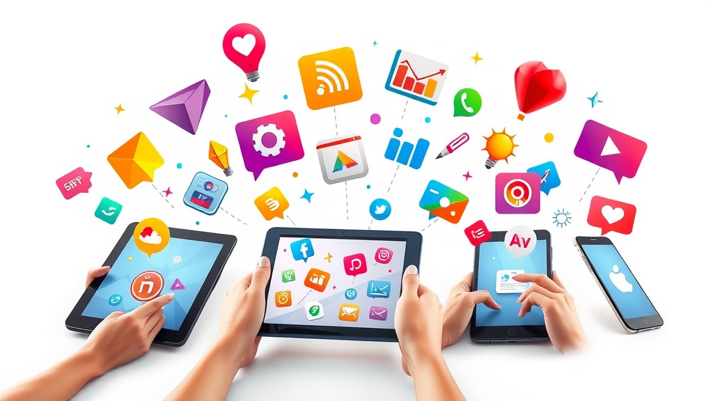Vibrant selection of digital marketing tool icons for email marketing, SEO, social media, and management tools