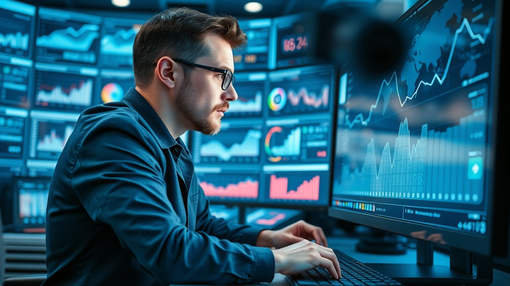 marketer monitoring content hub analytics on high-tech dashboard