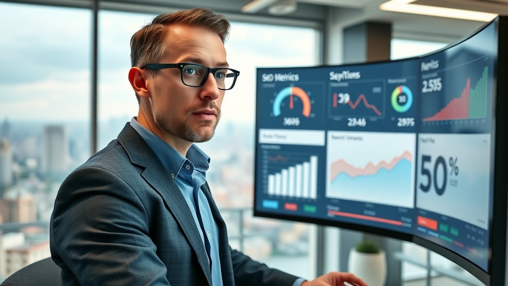 marketing manager analyzing SEO metrics for business blog performance dashboard