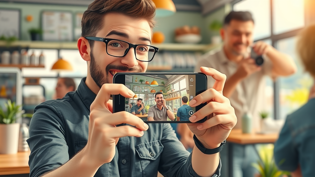 Small business owner sharing blog post on social media in a lively cafe.