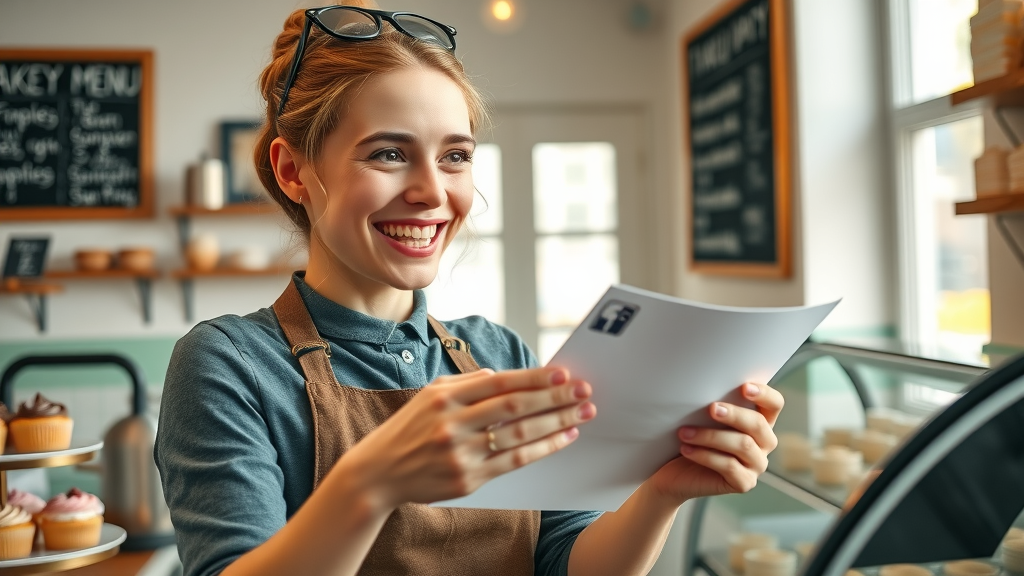 Bakery owner celebrating cost-effective marketing results of social media campaign