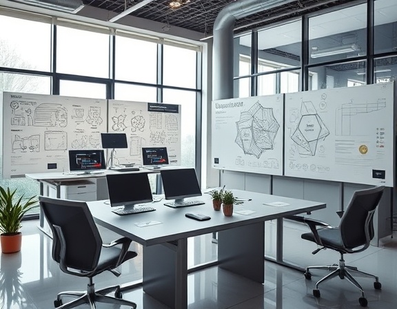 dynamic flexibility design, intuitive, transforming rapidly to fit needs, photorealistic, modern office with multiple design boards and expansive windows, highly detailed, moving parts adjusting in real-time, ultra-sharp resolution, sleek metallics, soft natural light, shot with a macro lens.