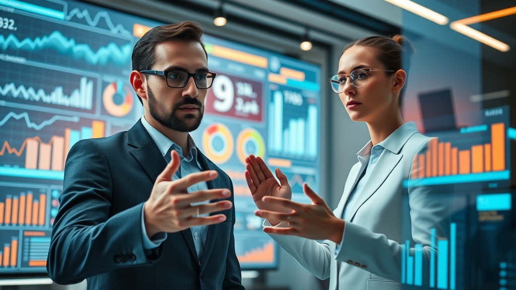 AI-driven content planning futuristic business marketing team analyzing digital data on screens