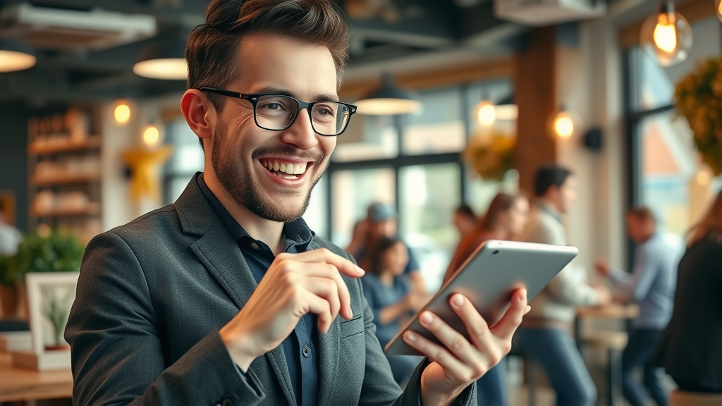 Entrepreneur sharing social media post for business media site benefits