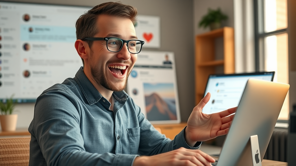optimistic entrepreneur engaging with customers via social media comments and messages, social media marketing
