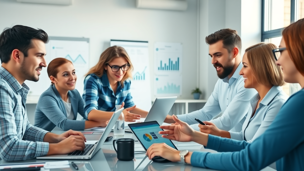 Dynamic team of digital marketers collaborating with digital marketing tools, focused on laptops, touchscreens, and dashboards in a modern office