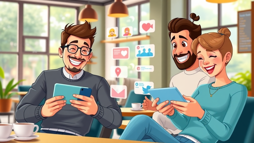 Multi-platform social media campaign amplifying human-led AI content strategy - engaging audiences, authentic responses, vibrant coffeehouse, cartoon style, digital notifications