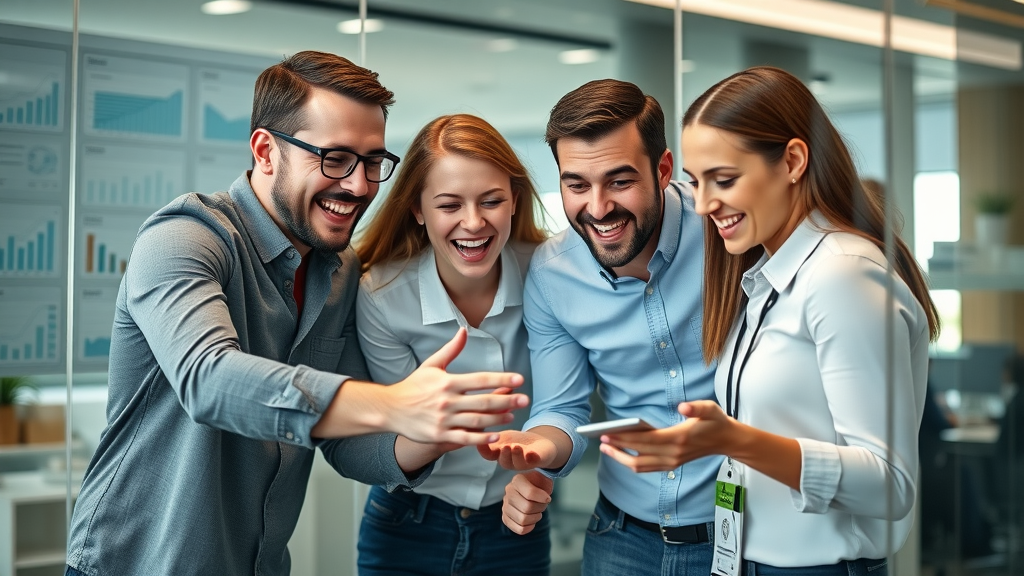 Small business team brainstorming digital marketing ideas together, showing teamwork and digital marketing concepts with digital graphs in a modern office