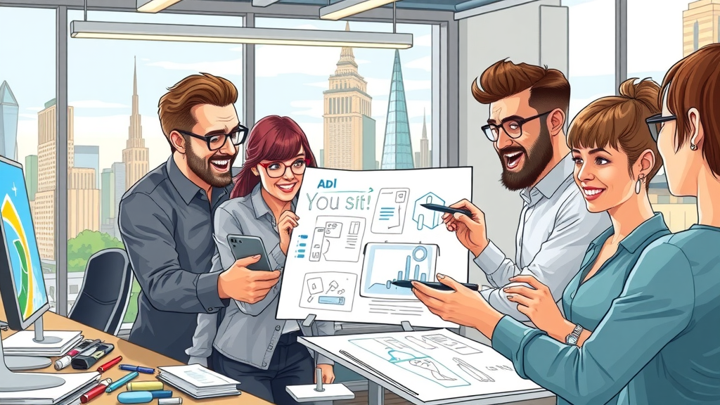 Creative professionals brainstorming targeted advertising local digital ads featuring local landmarks, sketches, and screens in a vibrant design studio