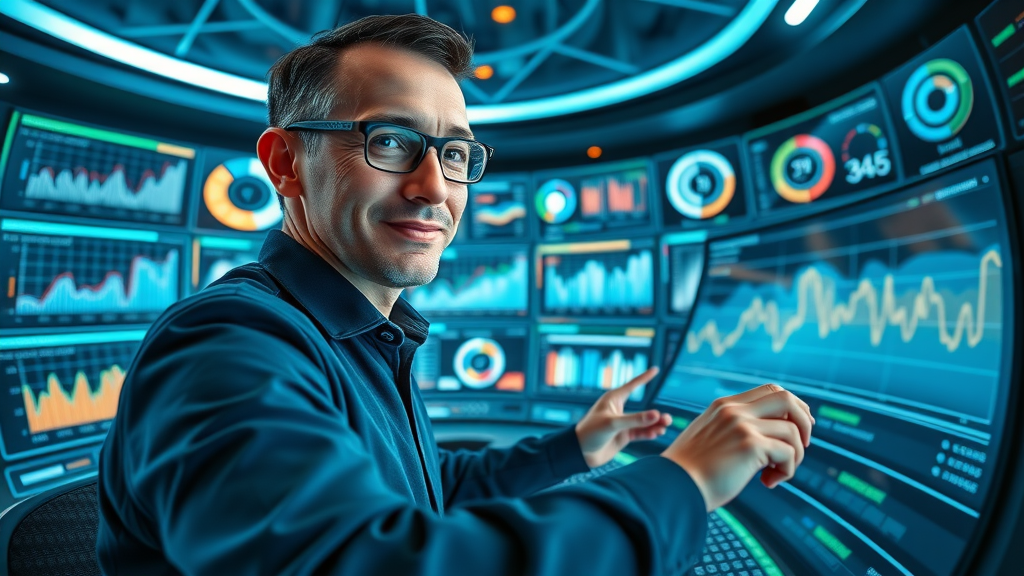 High-tech digital marketing tool dashboard with marketer analyzing marketing campaign KPIs and real-time analytics