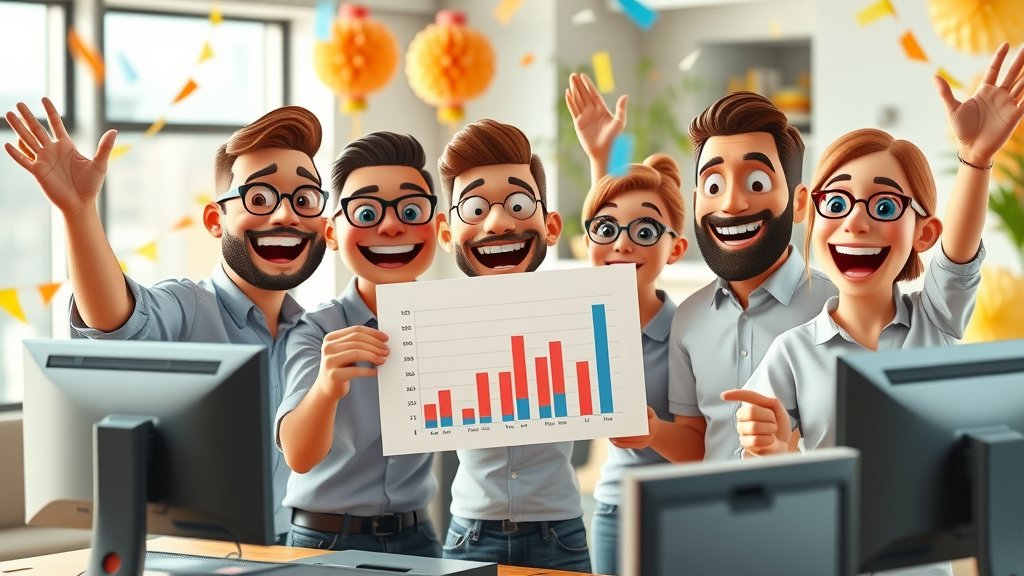 Brand awareness building for media site marketing strategy, marketing team reviewing viral social media stats, celebratory office scene, content marketing success