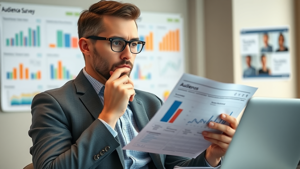 Professional event marketer reviewing target audience research in office for small business event marketing