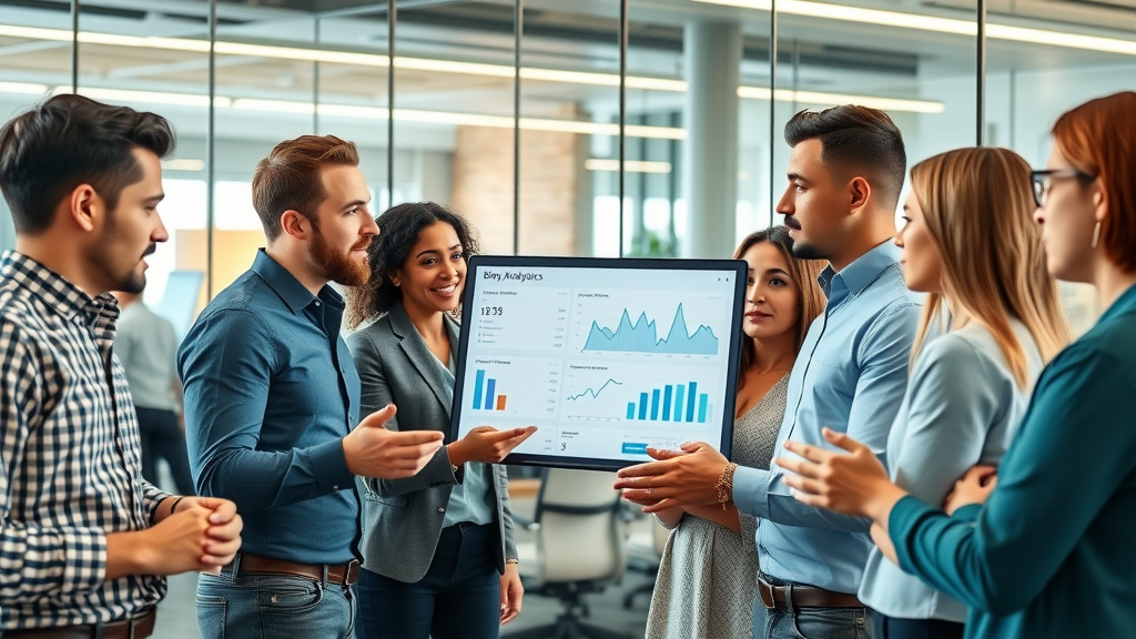 increasing website traffic with blogs - Marketing team analyzing blog analytics in modern office