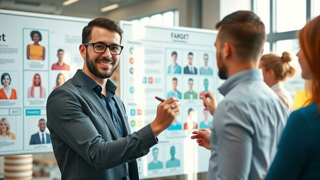 professional marketer analysing target audience demographics for social media marketing with team collaboration